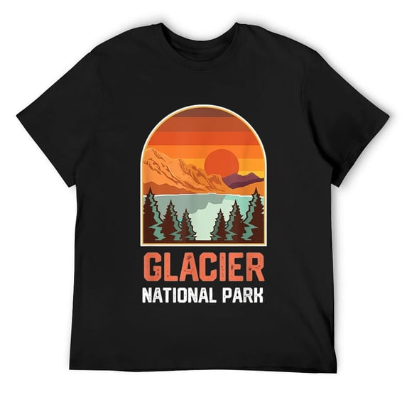 Mens Glacier National Park Cool Retro Style Sunset T-Shirt Black