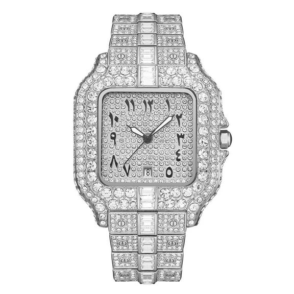 Mens Glamorous Rhinestone Watch - Bold Large Dial, Premium Quartz Movement, Stylish Wrist Accessory for Trendsetters