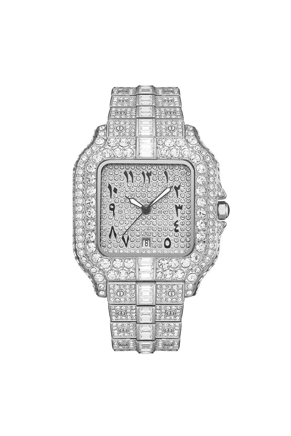 Mens Glamorous Rhinestone Watch - Bold Large Dial, Premium Quartz Movement, Stylish Wrist Accessory for Trendsetters