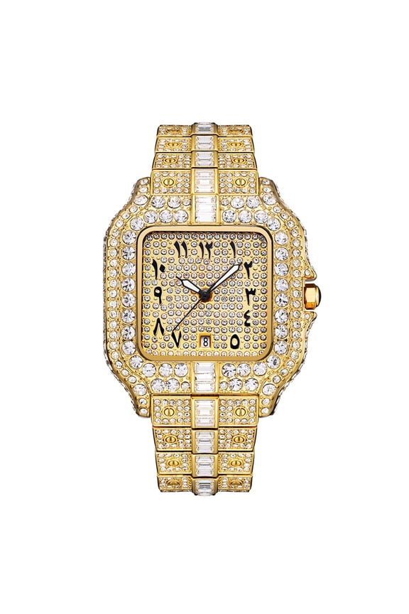 Mens Glamorous Rhinestone Watch - Bold Large Dial, Premium Quartz Movement, Stylish Wrist Accessory for Trendsetters