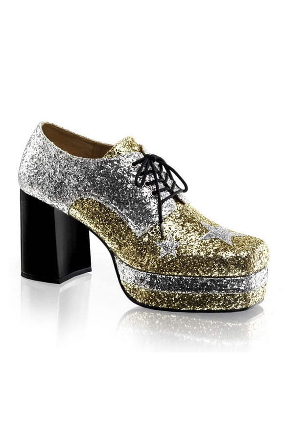 GLAMROCK-02 - 3 1/2" Heel, 1 1/2" Stacked Pf, Lace Up Black Glitter Oxford-Slv-Gold Glitter-L