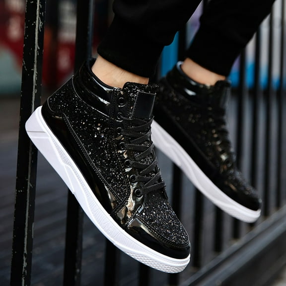 Mens Glitter Sparkly Shoes Sequin Boots High Shiny Top Sneakers (Black 10)