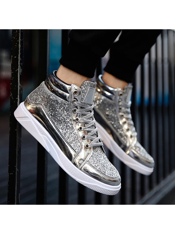 Mens Glitter Sparkly Shoes Sequin Boots High Shiny Top Sneakers (Silver 11)