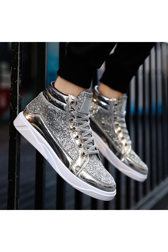 Mens Glitter Sparkly Shoes Sequin Boots High Shiny Top Sneakers (Silver 7)