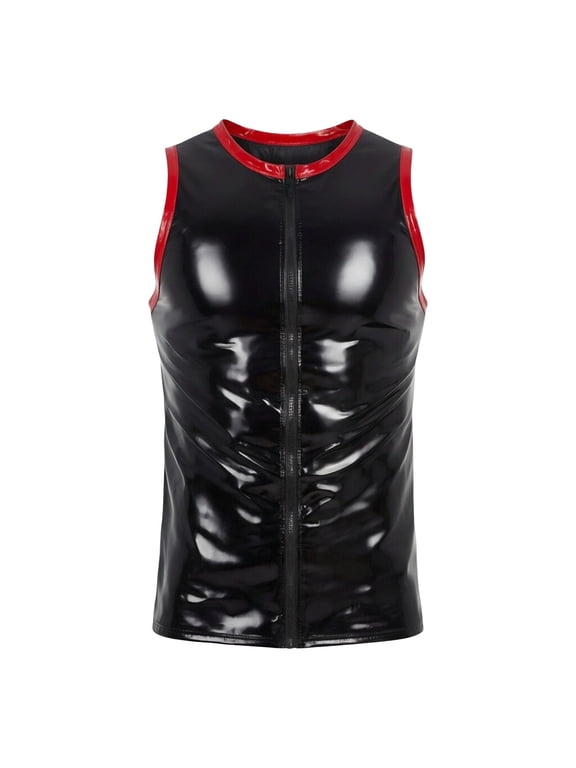 Mens Glossy Leather Tank Top Sleeveless Slim Fit Shiny Muscle Vest Top Black XL