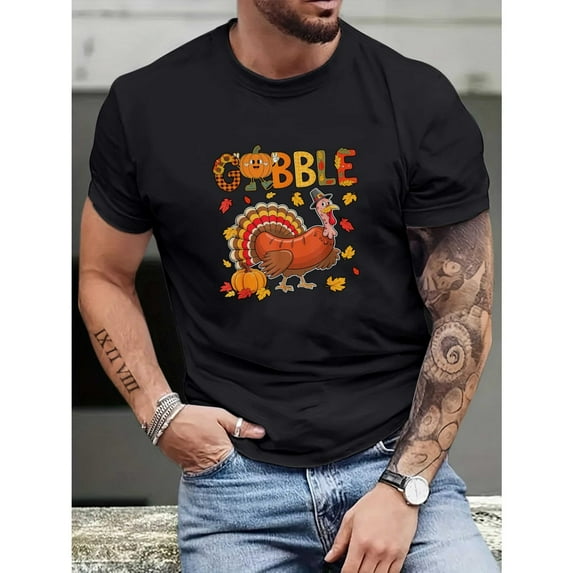 Mens Gobble Gobble Graphic Thanksgiving Tee T Shirt Tops Comfortable Short Sleeve Round Neck Black S-5XL