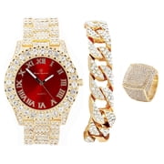 Mens Gold Big Rocks Bezel Blood Red Dial with Roman Numerals Fully Iced Out Watch w/Cuban Chain Bracelet & Ring Size 10- Blood Red/Gold - ST10327CRG 10