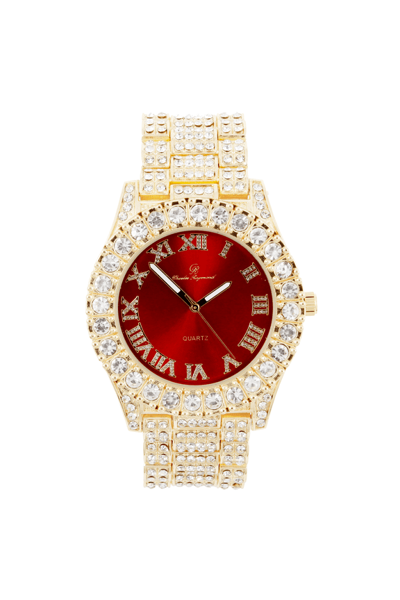 Mens Gold Big Rocks with Roman Numerals Fully Iced Out Colorful Dial Watch - Red - Gold - ST10327 RN