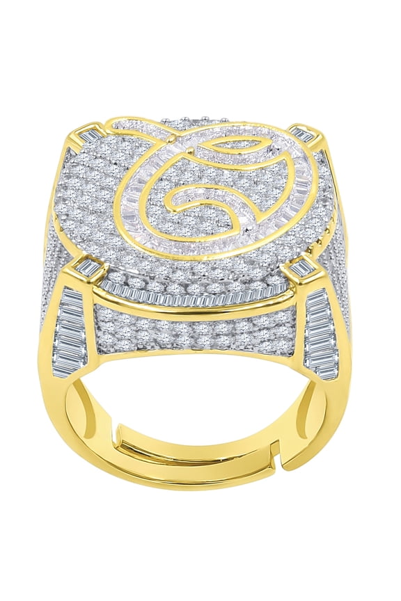 Mens Gold Finish Baguette/Round Cut Simulated Diamond Initial Letters Alphabet "Q" Ring Band