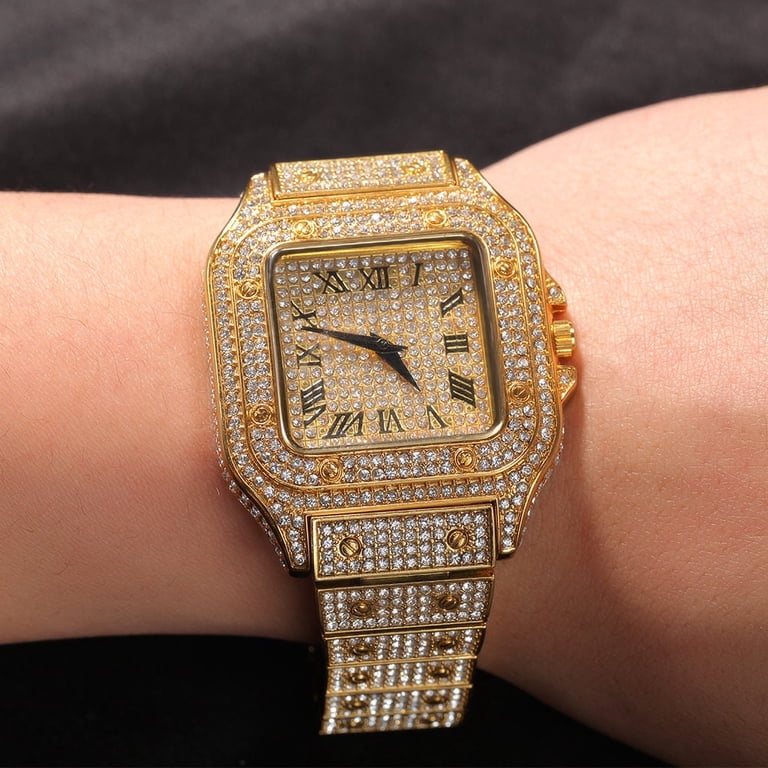 Mens Gold Finish Simulated Diamond Stainless Steel Iced Out  display picture 2