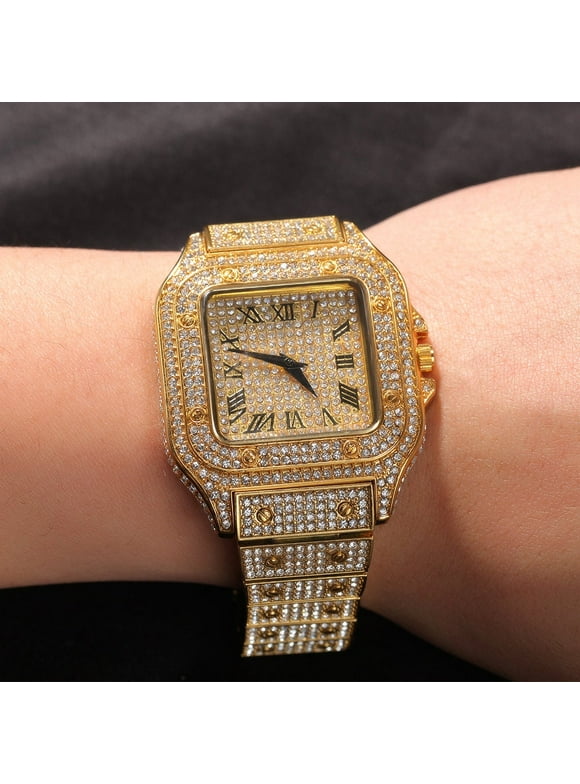 Mens Gold Finish Simulated Diamond Stainless Steel Iced Out Hip Hop Bling Roman Numeral Custom Square Waterproof Luxury Quartz Watch 35mm