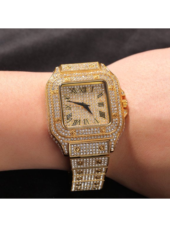 Mens Gold Finish Simulated Diamond Stainless Steel Iced Out Hip Hop Bling Roman Numeral Custom Square Waterproof Luxury Quartz Watch 35mm