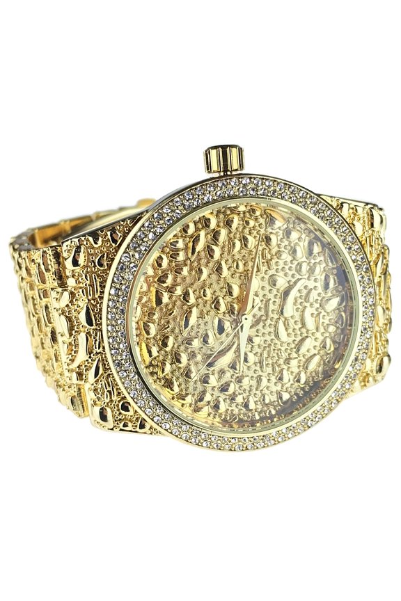 Mens Gold Nugget Design Watch Full Nuggets Links Rapper Bling Hip Hop 8" Inch