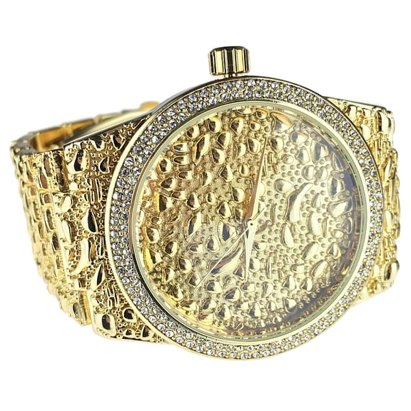 Mens Gold Nugget Design Watch Full Nuggets Links Rapper Bling Hip Hop 8" Inch