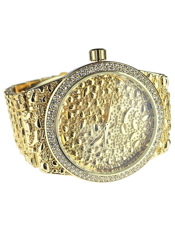 Mens Gold Nugget Design Watch Full Nuggets Links Rapper Bling Hip Hop 8" Inch