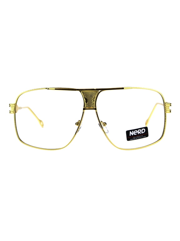 Mens Gold Oversize Clear Lens Nerdy Rectangular Racer Eyeglasses