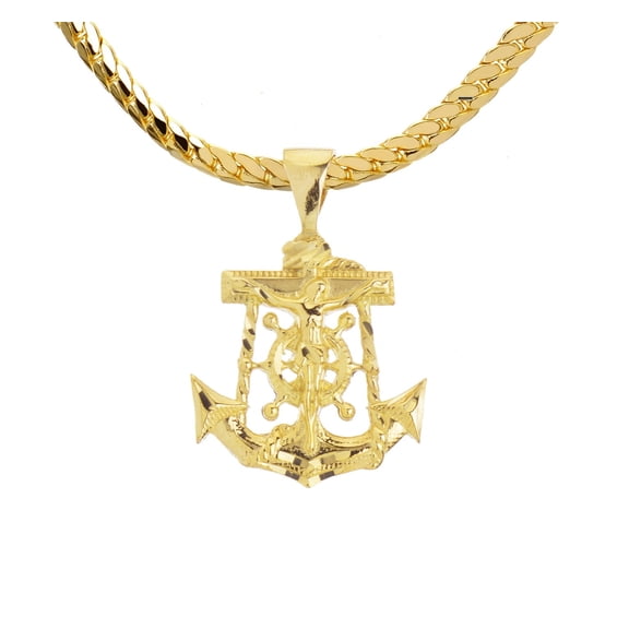 Mens Gold Plated Jesus Cross Anchor Pendant 24 inch Miami Cuban Chain MCP003G2