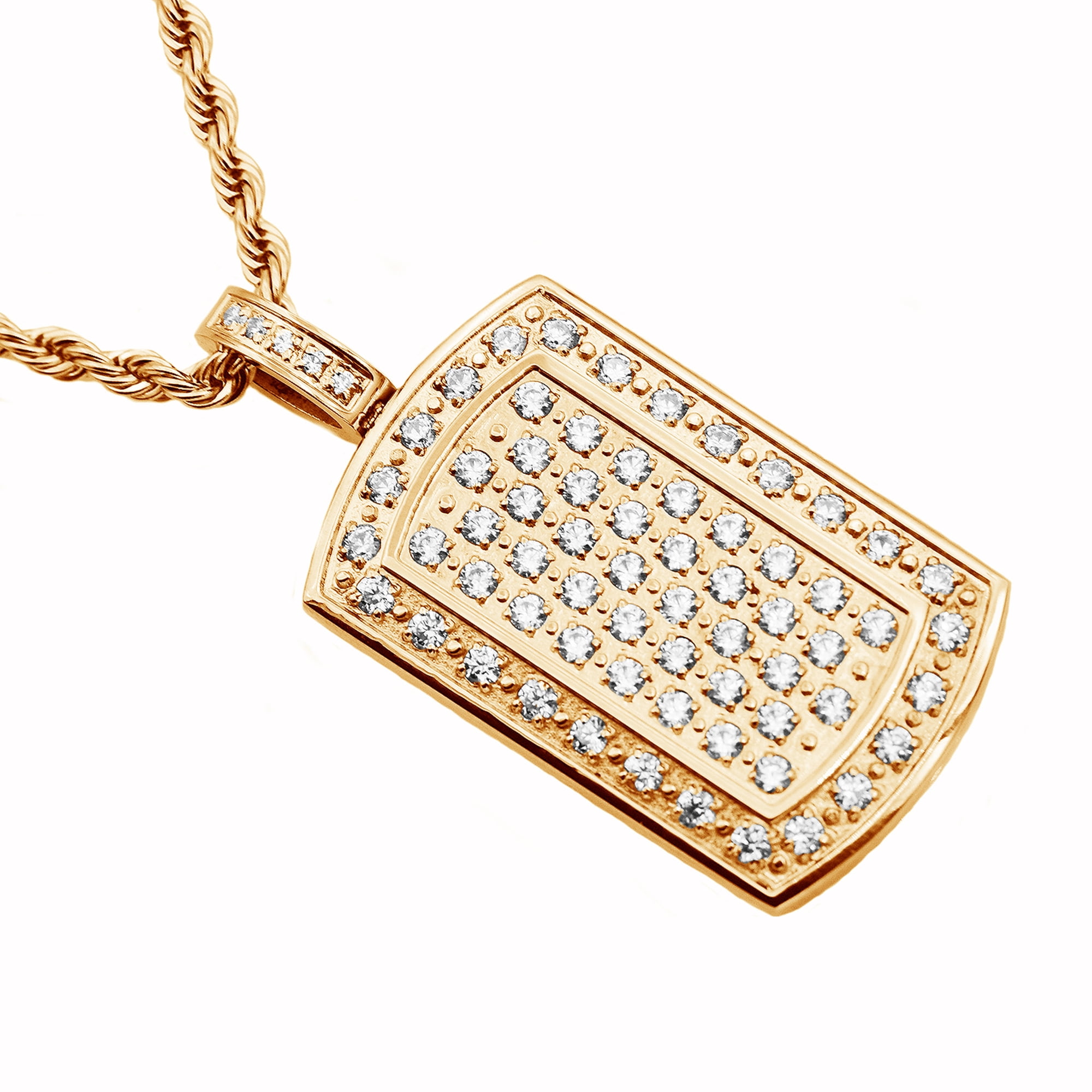 Mens Gold Plated Stainless Steel Dog Tag Pendant With Cubic Zirconia