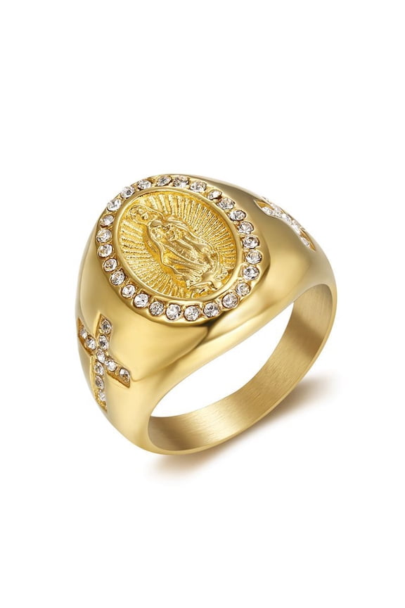 Mens Gold Plated Virgin Mary Ring Diamond Accent Titanium Steel Durable Religious Jewelry Fashion Accessory Gift