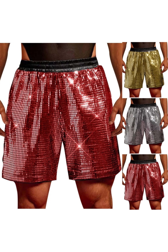 Mens Gold Reflective Metallic Shorts, 7" Inseam Disco Rave Performance Short Pants, Regular Fit Elastic Waist Shimmering Bottoms for Festivals & Clubwear