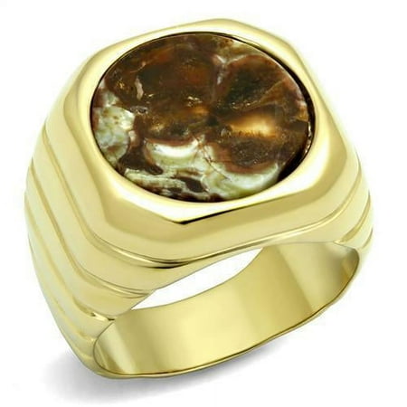 Mens Gold Rings Stainless Steel Semi-Precious Oligoclase in Smoked Quartz Anillo Oro de Compromiso Para Hombre Acero Inoxidable