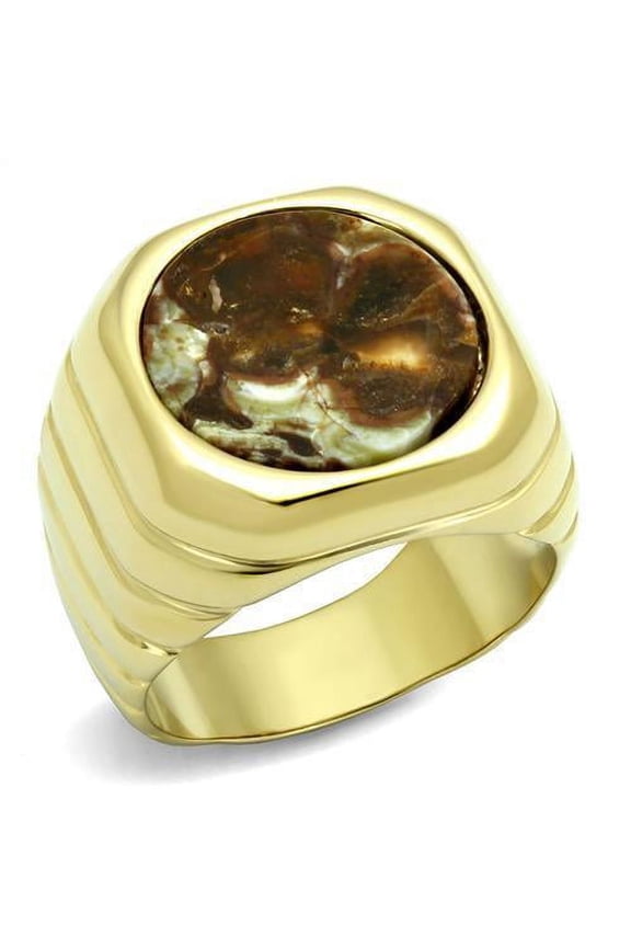 Mens Gold Rings Stainless Steel Semi-Precious Oligoclase in Smoked Quartz Anillo Oro de Compromiso Para Hombre Acero Inoxidable