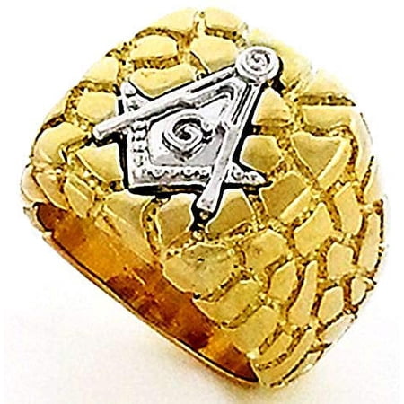 Mens Gold - Silver Tone Freemason Masonic Mason Square Nugget Ring (9)
