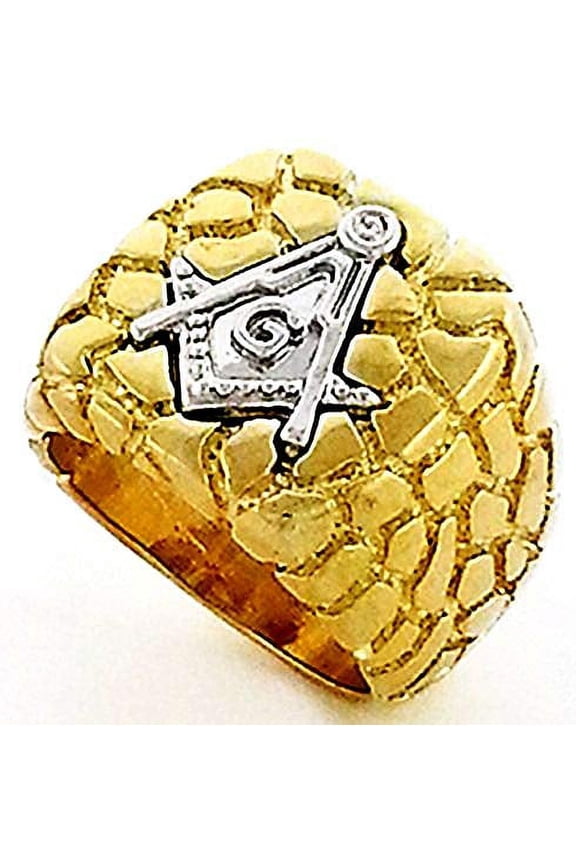 Mens Gold - Silver Tone Freemason Masonic Mason Square Nugget Ring (9)
