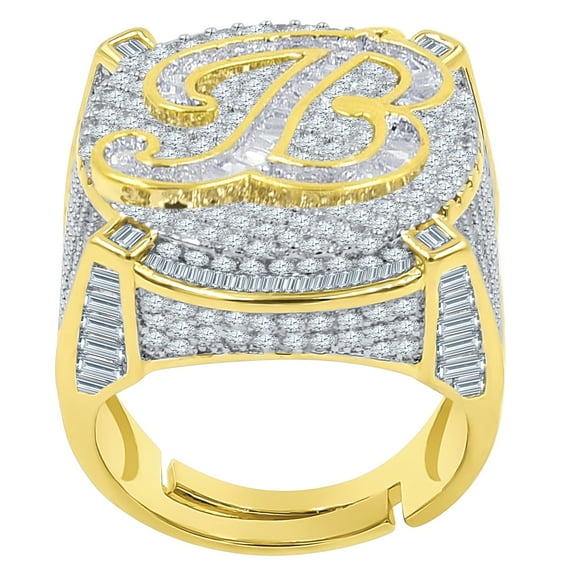 Mens Gold Tone Baguette/Round Cut Simulated Diamond Initial Letters Alphabet "B" Ring Band