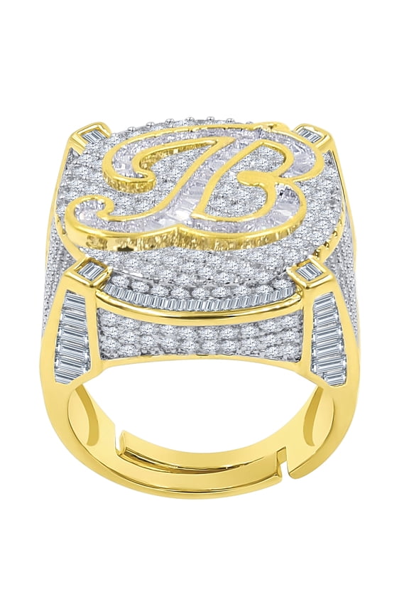 Mens Gold Tone Baguette/Round Cut Simulated Diamond Initial Letters Alphabet "B" Ring Band