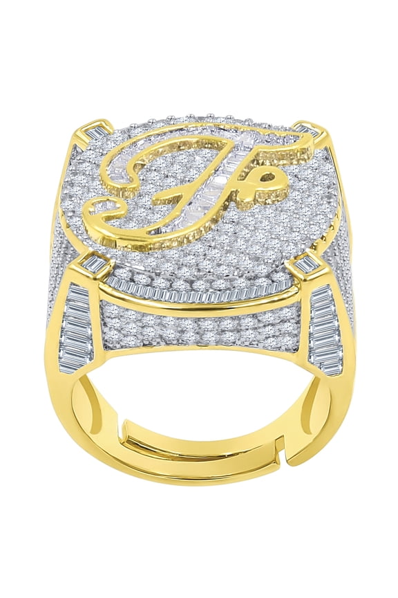 Mens Gold Tone Baguette/Round Cut Simulated Diamond Initial Letters Alphabet "F" Ring Band