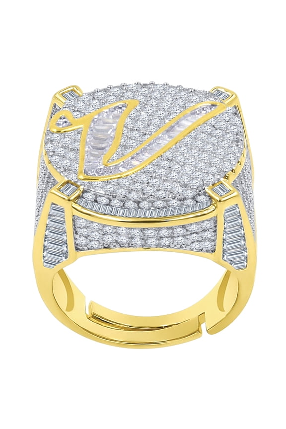 Mens Gold Tone Baguette/Round Cut Simulated Diamond Initial Letters Alphabet "V" Ring Band