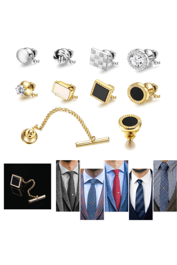 Mens Gold Tone Black Clear Crystal Tie Tac Tack Pin  Adult Male, 8 pack