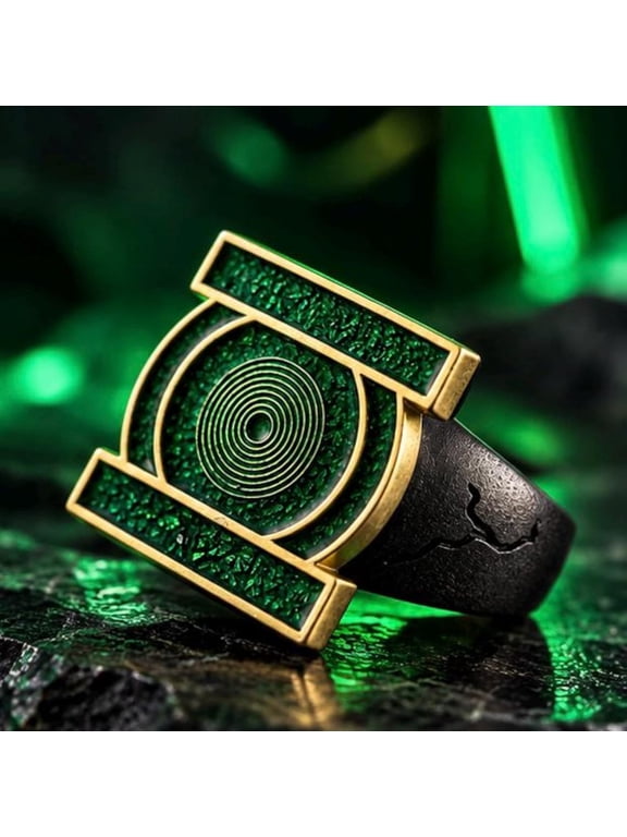 Mens Gold Tone Brass Lantern Ring, Green Enamel Statement Ring, Superhero Inspired Gothic Signet Ring Size US 8