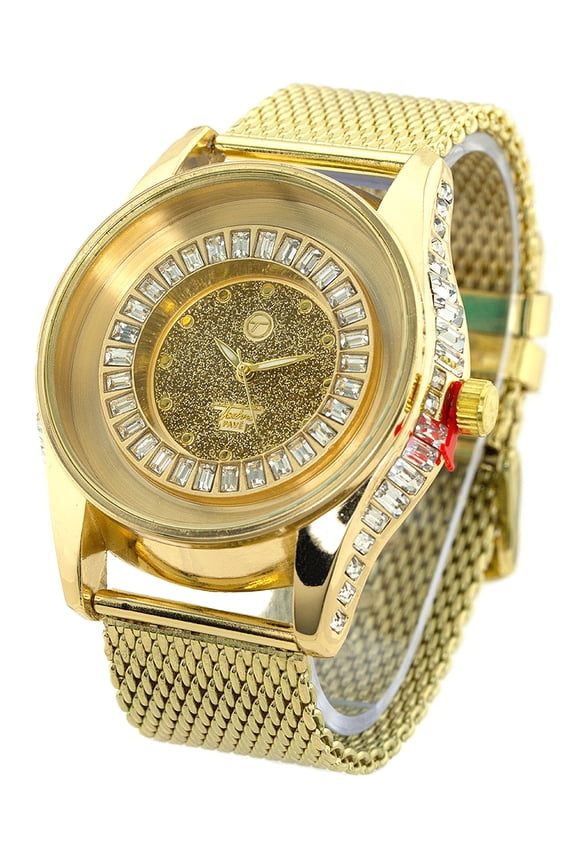 Mens Gold Tone CZ Clubbing watch 47mm 14mm thick 24mm wide Gold tone metal mash strap fits 9.5 inches wrist.