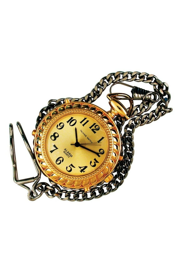 Mens Gold-Tone-Colored Pocket Talking Watch with Gold-Toneen Chain