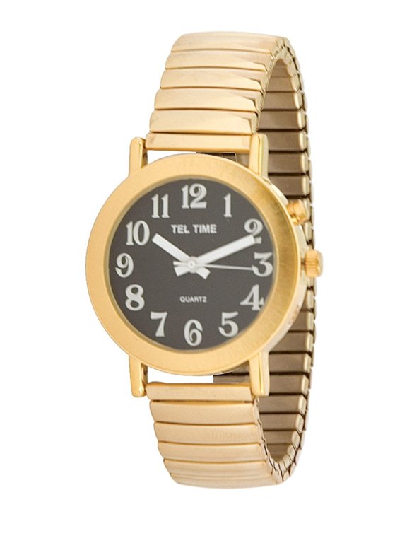 Mens Gold Tone Expansion One Button Talking Watch- Black Face
