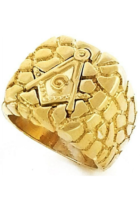 Mens Gold Tone Freemason Masonic Mason Square Nugget Ring (12)