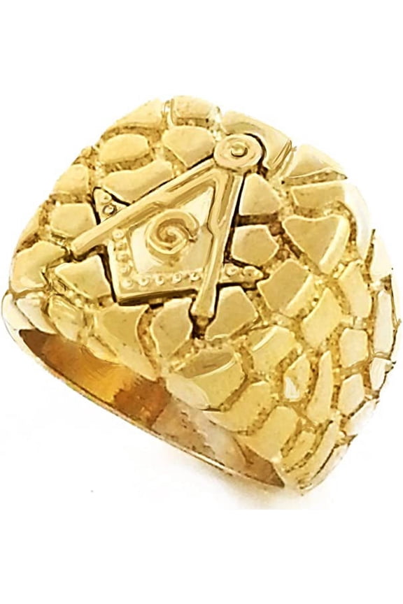 Mens Gold Tone Freemason Masonic Mason Square Nugget Ring (8)