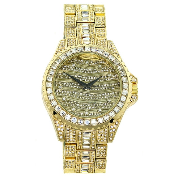 Mens Gold Tone Ice Out Clubbing Watch 46.5mm 13.5mm Thick Case. Gold tone CZ dial, 22mm wide CZ Gold Tone link bracelet fits 8 inches wrist.