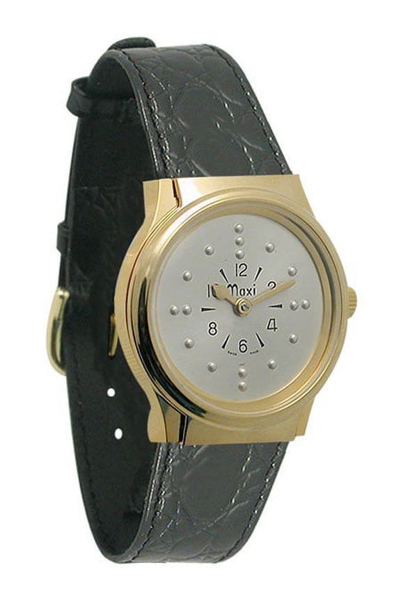 Mens Gold-Tone Quartz Braille Watch with Leather Band