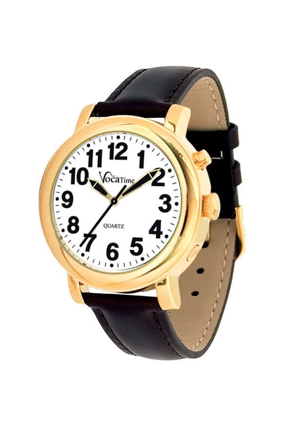 Mens Gold Tone Talking Watch - Black Leather Band
