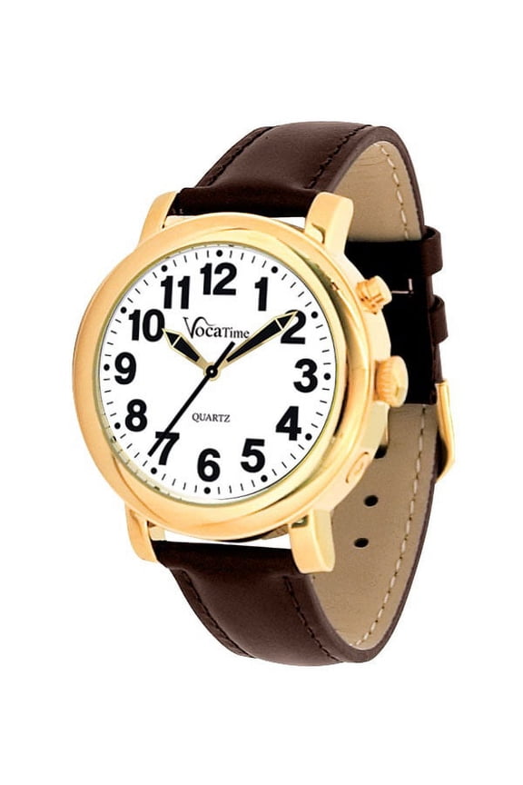 Mens Gold Tone Talking Watch - Brown Leather Band