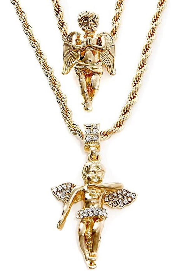 Mens Gold Tone Two Piece Iced 2 Angle Set Pendant Hip Hop 24" & 30" Rope Chain MHC-02G