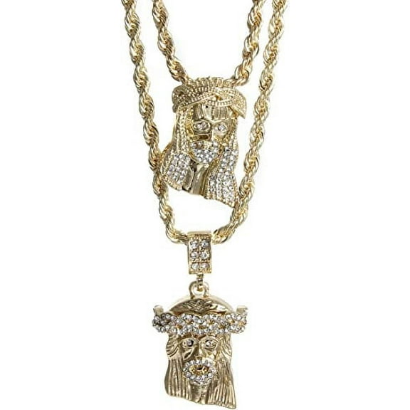 Mens Gold Tone Two Piece Iced Jesus Face Set Pendant Hip Hop 24" & 30" Rope Chain MHC-06G