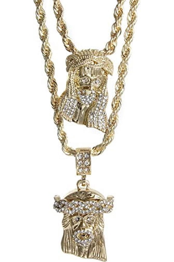 Mens Gold Tone Two Piece Iced Jesus Face Set Pendant Hip Hop 24" & 30" Rope Chain MHC-06G