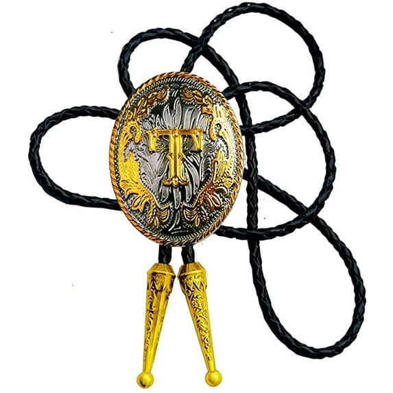 Mens Golden Bolo tie Western Initial Letter A to Z Cowboy Aalphabet Bola Tie