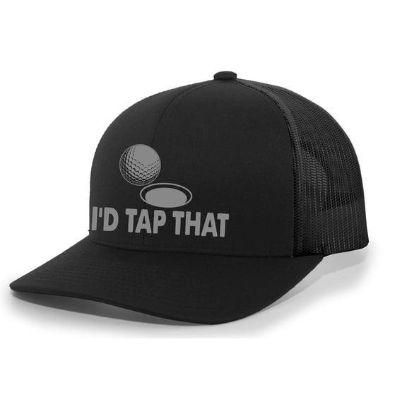 Mens Golf Hat Funny I'd Tap That Golf Ball Mesh Back Trucker Hat, Black/Black