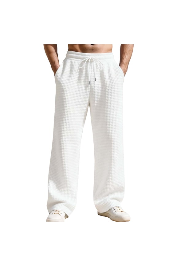 Mens Golf Pants Loose Fit Straight Leg Jacquard Design Wide Leg Commuting Mens Casual Pants,White,XL