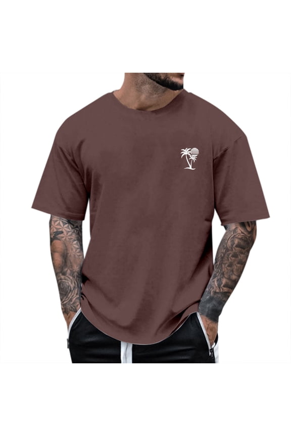 Mens Golf Polo Coconut Tree Short Sleeved Beach Round Neck Short Sleeves Mens formal Shirts,Brown,L